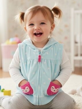 Carter's Light Blue Polka Dot Hooded Vest with Pink Pocket Accents